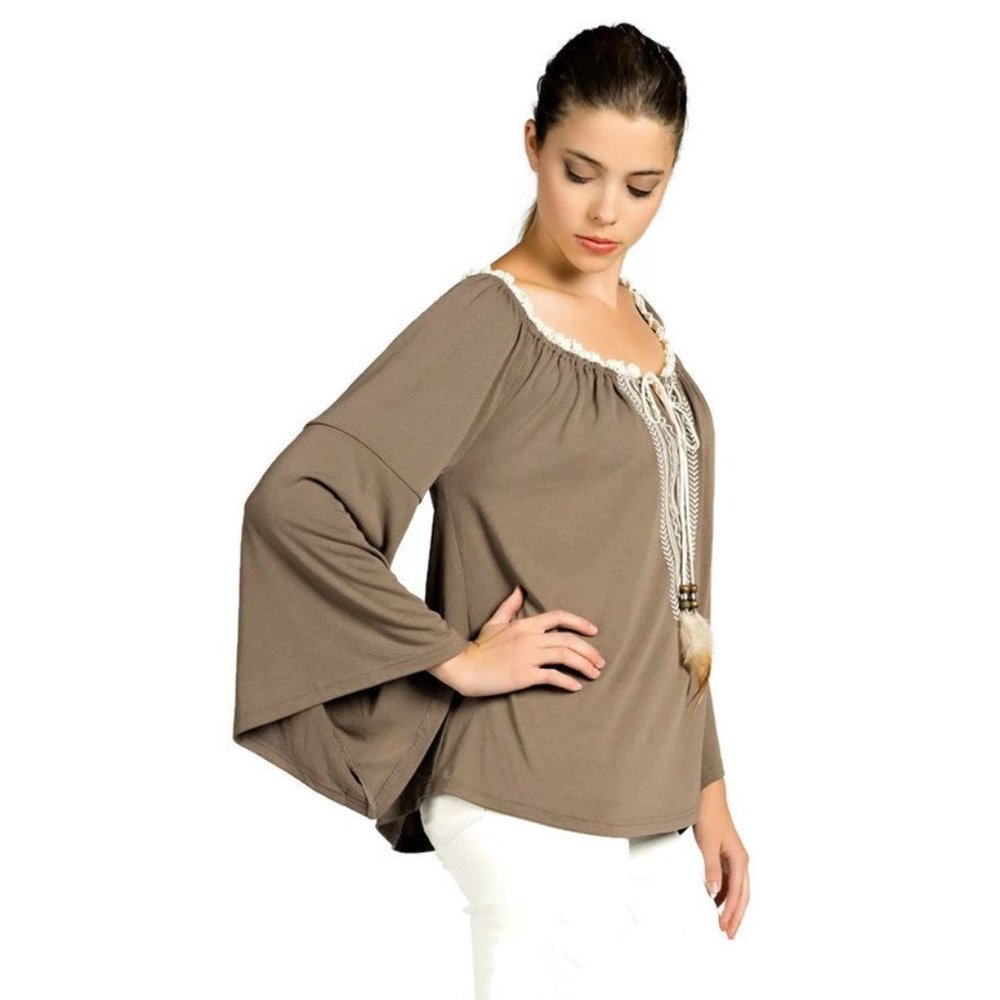 kori America Embroidered Bell Sleeve Knit Top, Mocha - Picture 4 of 4